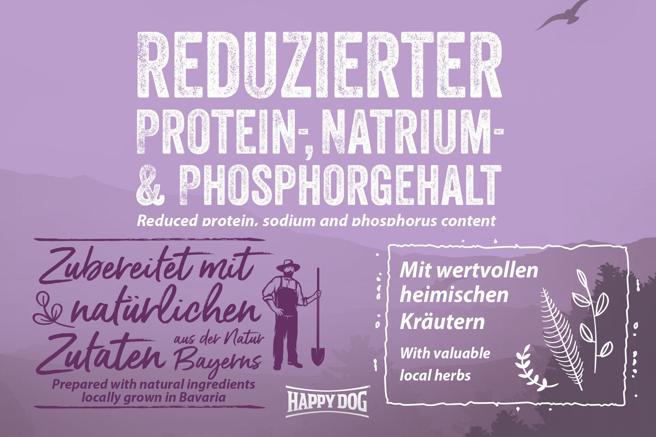Eine lila Verpackung zeigt Text: "Reduzierter Protein-, Natrium- & Phosphorgehalt", "Zubereitet mit natürlichen Zutaten aus Bayerns Natur", "Mit wertvollen heimischen Kräutern", und das Logo von Happydog.
