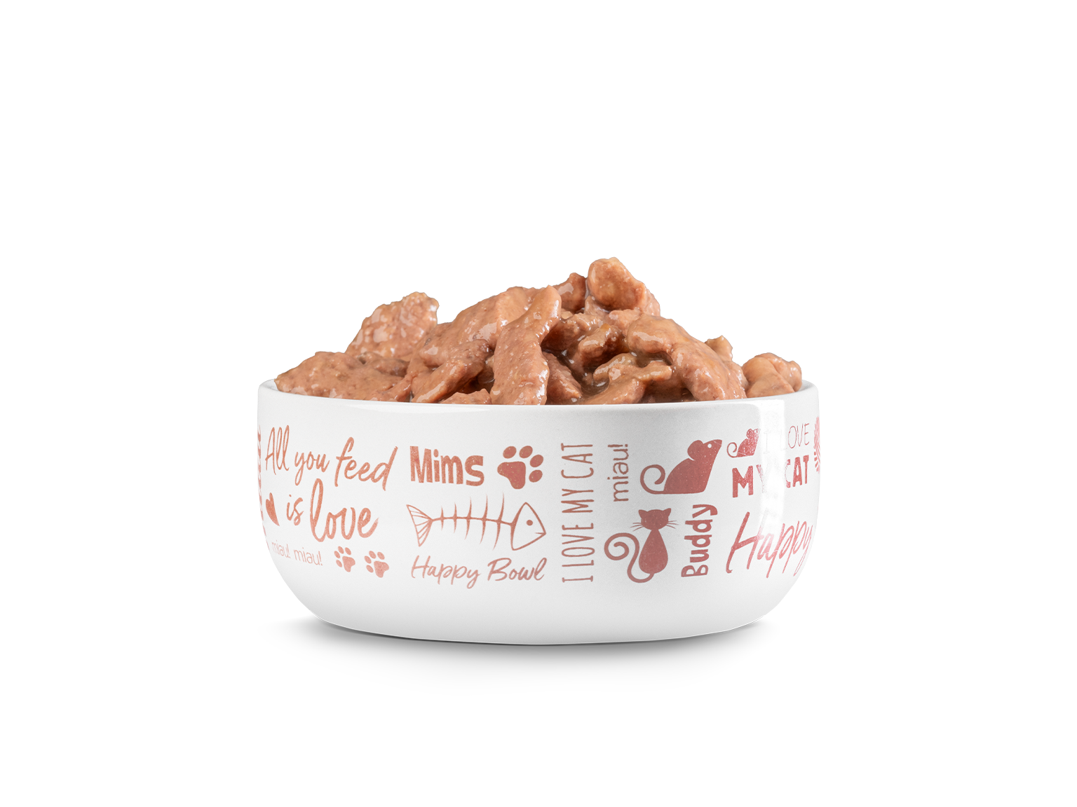 Futternapf aus Keramik im Happy Cat Design und mit Nassfutter gefüllt