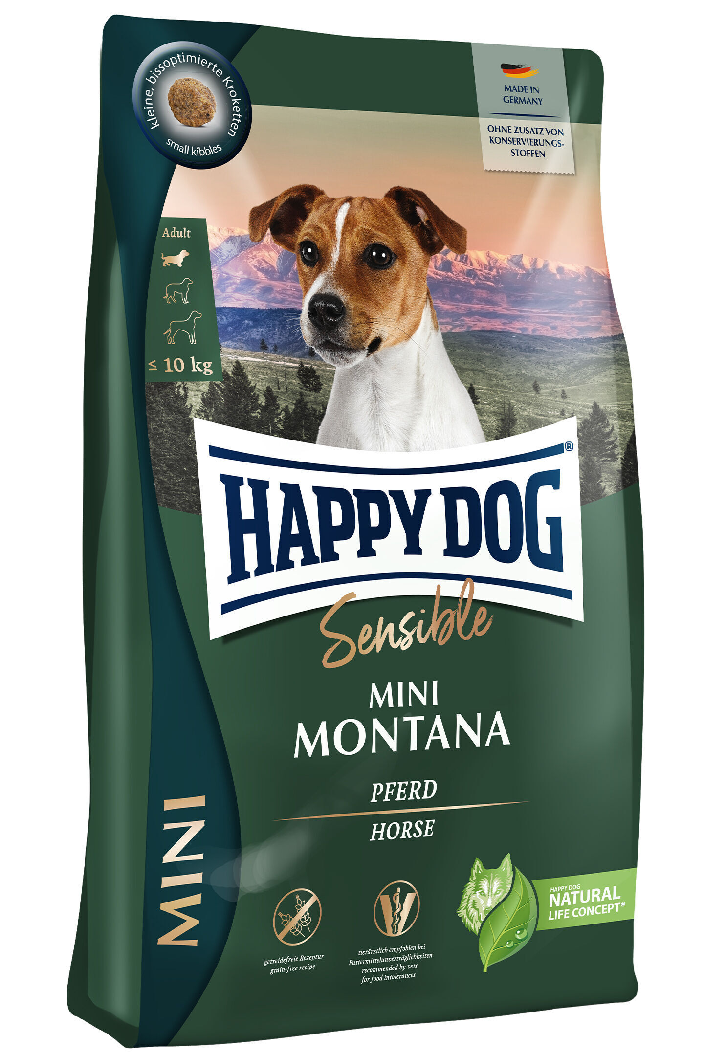 Hund auf Happy Dog Sensible Mini Montana Futtersack; kleines Keksbild oben; Beschriftungen: "Made in Germany", "ohne Konservierungsstoffe", "grainfree", "Pferd", "Natural Life Concept", Hundekopf vor Berglandschaft.