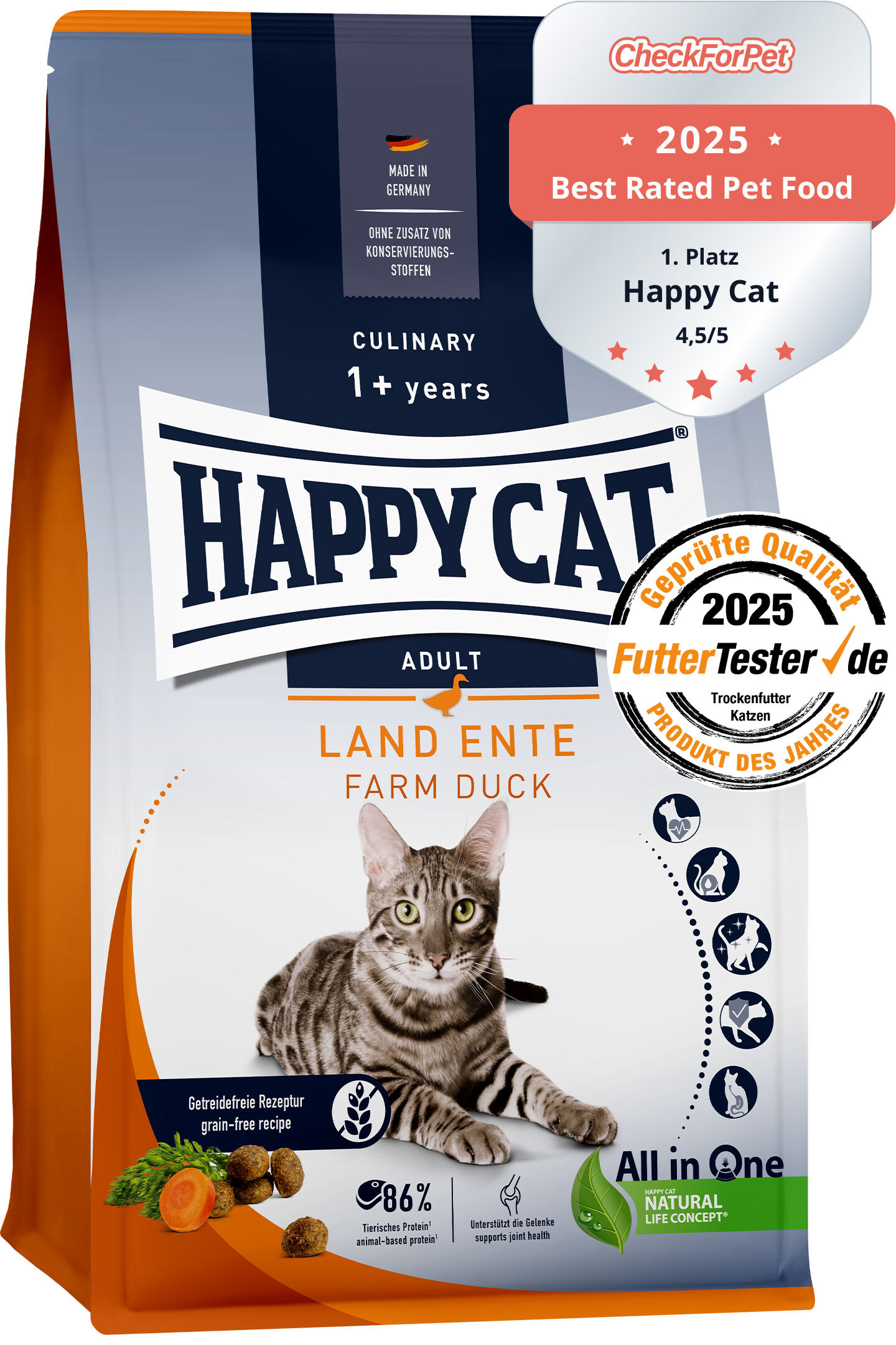 Futtermittel-Verpackung mit Katze, Marke Happy Cat, "Land Ente" für Erwachsene, ohne Getreide, "Made in Germany", enthält 86% tierisches Protein, ausgezeichnet als bestbewertetes Heimtierfutter 2023.
