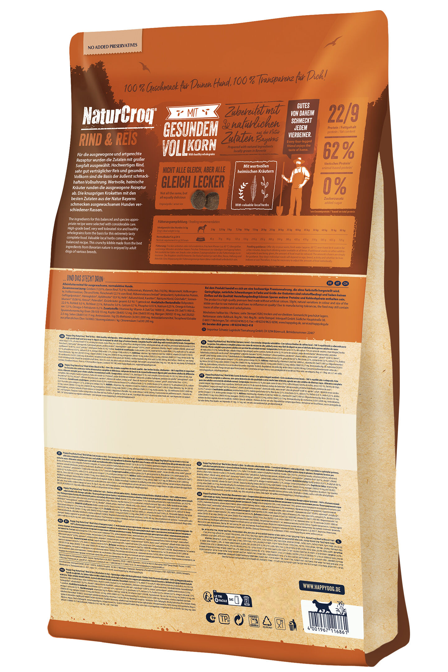 Happydog bietet Trockenfutter „NaturCroq Rind & Reis“ mit Vollkorn an. Verpackung zeigt Zutateninformationen, Fütterungsempfehlungen und Werbung für natürlich zubereitete, heimische Zutaten.
