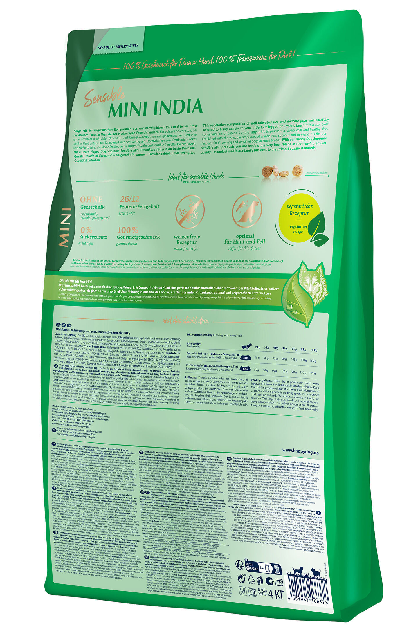 Verpackung von Happydog Sensible Mini India Hundefutter zeigt Informationen zur Zusammensetzung, Fütterungsempfehlungen und besonderen Merkmalen. Vegetarisches Rezept, weizenfrei, für Haut und Fell.
