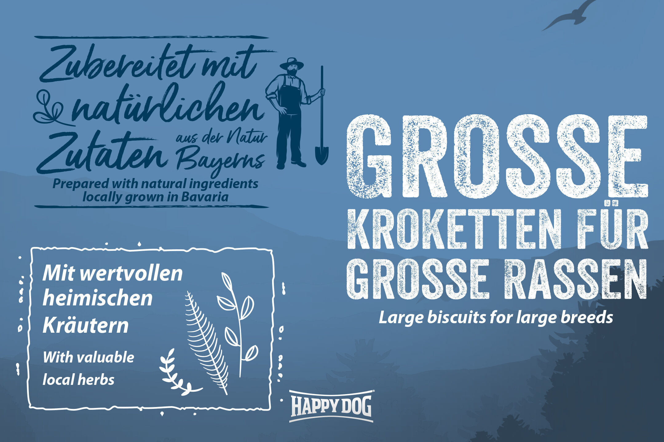 Verpackung von Happydog Hundefutter für große Rassen, mit natürlichen Zutaten aus Bayern und wertvollen heimischen Kräutern.
