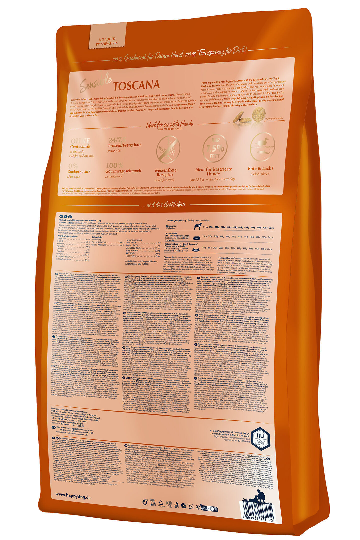 Eine orangefarbene Verpackung von Happydog zeigt detaillierte Produktinformationen, Fütterungsempfehlungen und Zutatenliste für Hundefutter. Text betont "Ohne Gentechnik", "0% Zuckerzusatz", und "Ideal für sensible Hunde".