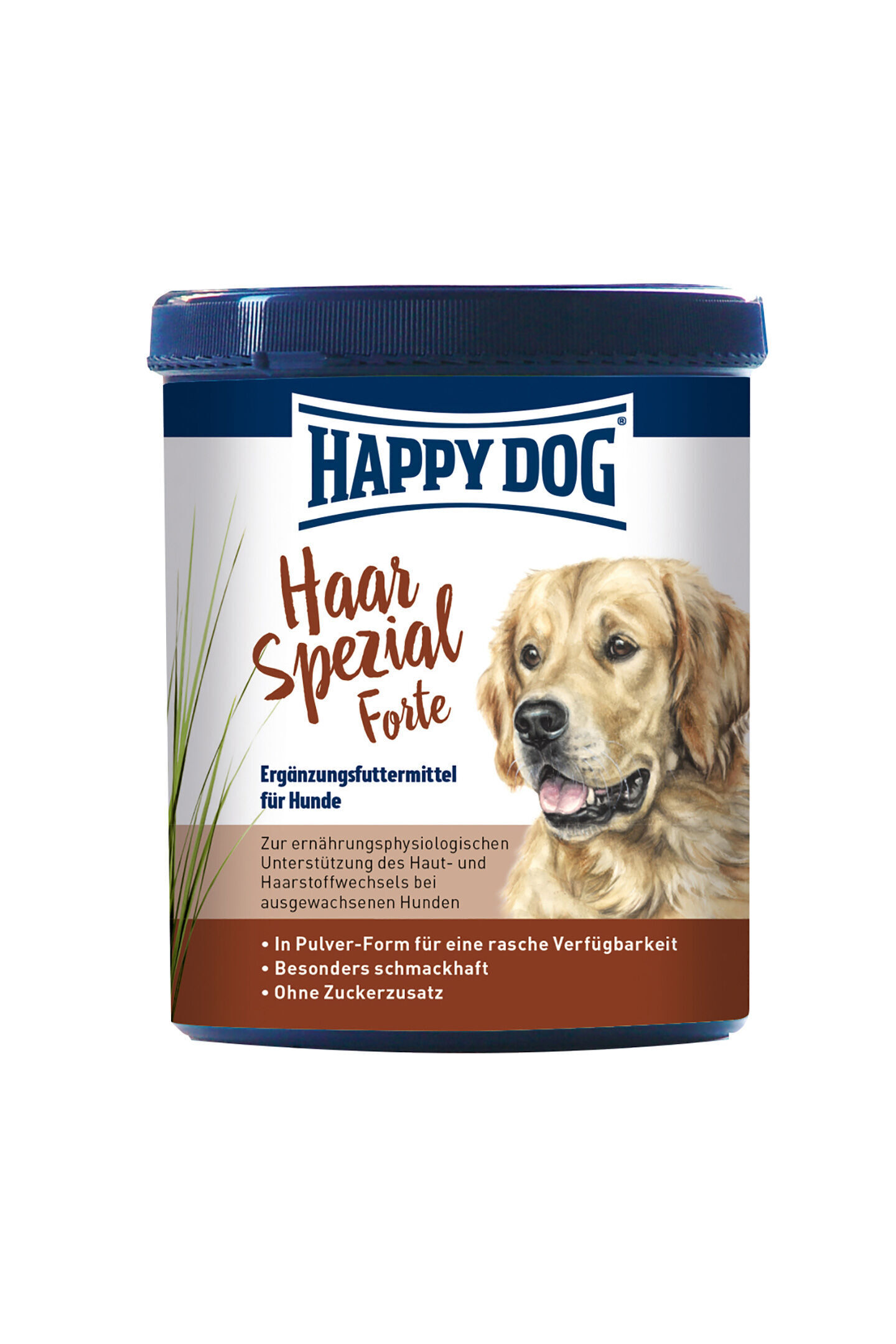 Haar Spezial Forte Runde blaue Dose mit Hundebild zeigt „HAPPY DOG Haar Spezial Forte.“ Ergänzungsfuttermittel für Hunde zur Unterstützung von Haut- und Haarstoffwechsel. In Pulver-Form, besonders schmackhaft, ohne Zuckerzusatz.