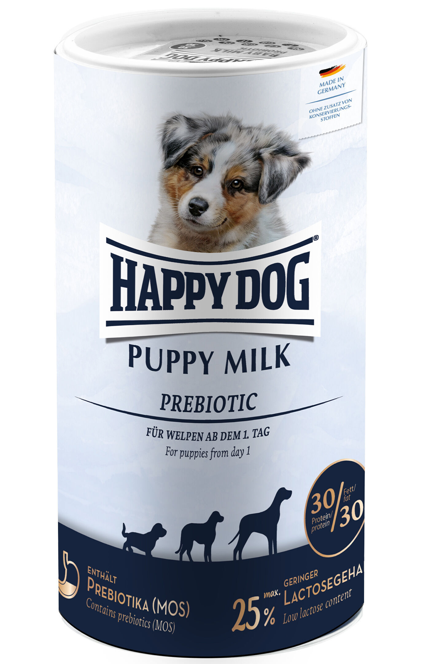 Verpackung für "Happy Dog Puppy Milk Prebiotic" mit Hundeabbildung, Text: "Für Welpen ab dem 1. Tag", "Enthält Prebiotika (MOS)", "25% max. geringer Lactosegehalt", "Made in Germany".