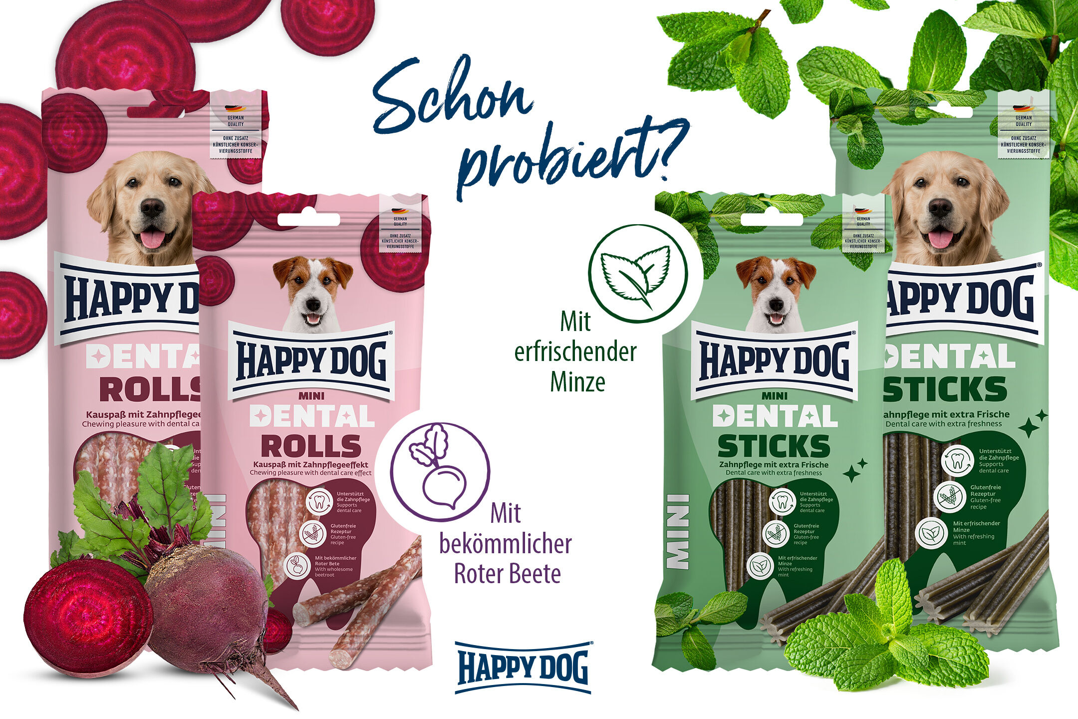 Präsentation der Dental Rolls und Dental Sticks Kaustangen von Happy Dog mit Zahnpflegeeffekt für Hunde