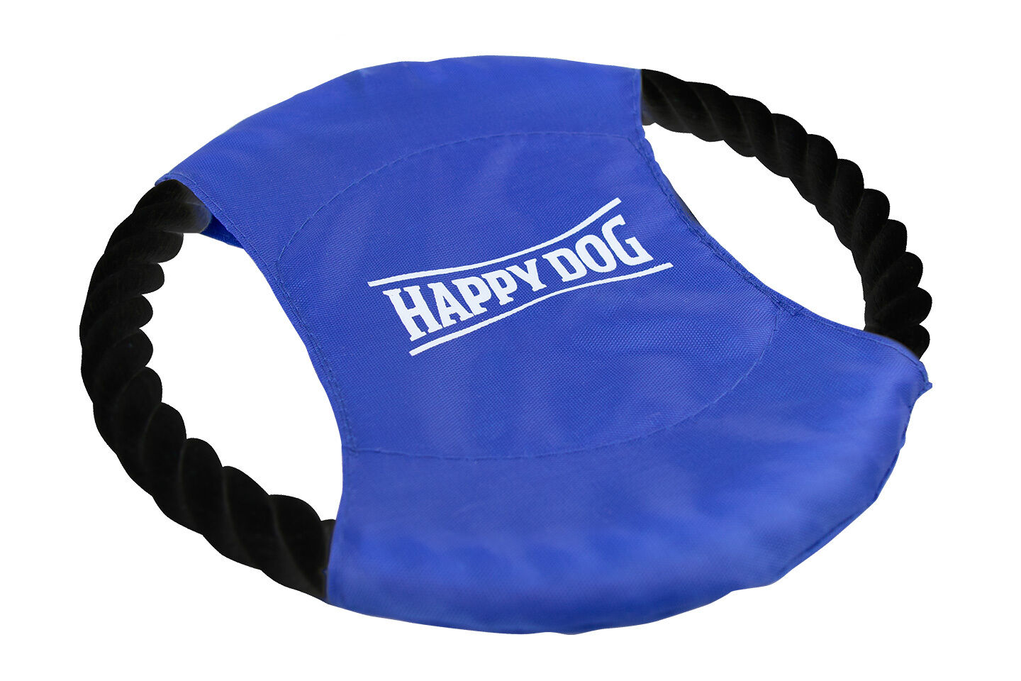 Fluggleiter Blaues Hundespielzeug mit schwarzem Seilgriff und dem weißen Schriftzug "HAPPY DOG" auf dem Stoff im Zentrum.