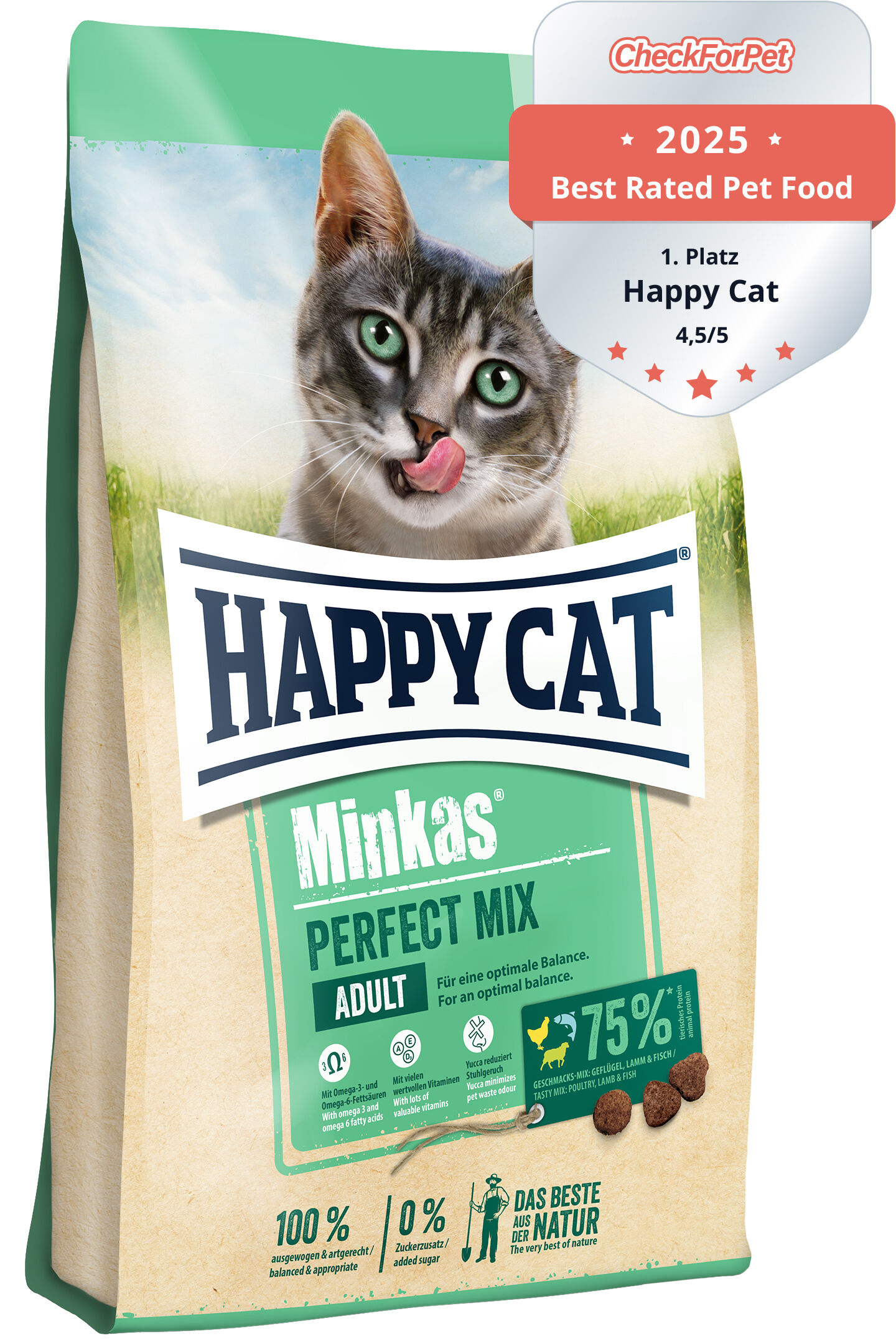 Eine Packung Katzenfutter der Marke Happy Cat mit einer abgebildeten Katze, Texten wie „Best Rated Pet Food 2023“ und „Minkas Perfect Mix Adult“, und Nährstoffhinweisen.