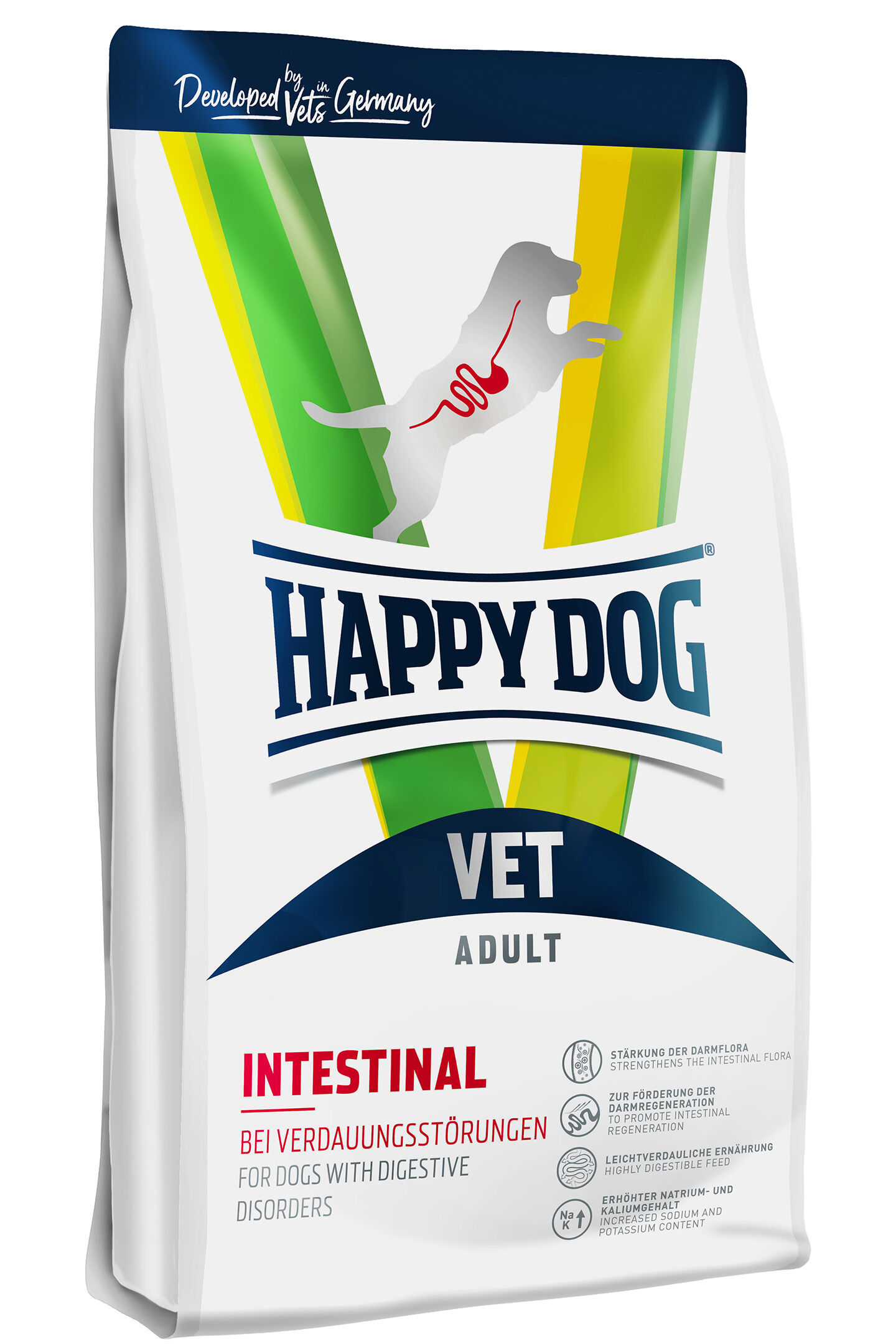 VET Diät Intestinal trocken Futterverpackung mit der Aufschrift „HAPPY DOG VET ADULT, INTESTINAL, bei Verdauungsstörungen“. Entwickelt in Deutschland. Grafik eines Hundes mit Verdauungssystem. Hinweise auf Darmpflege.