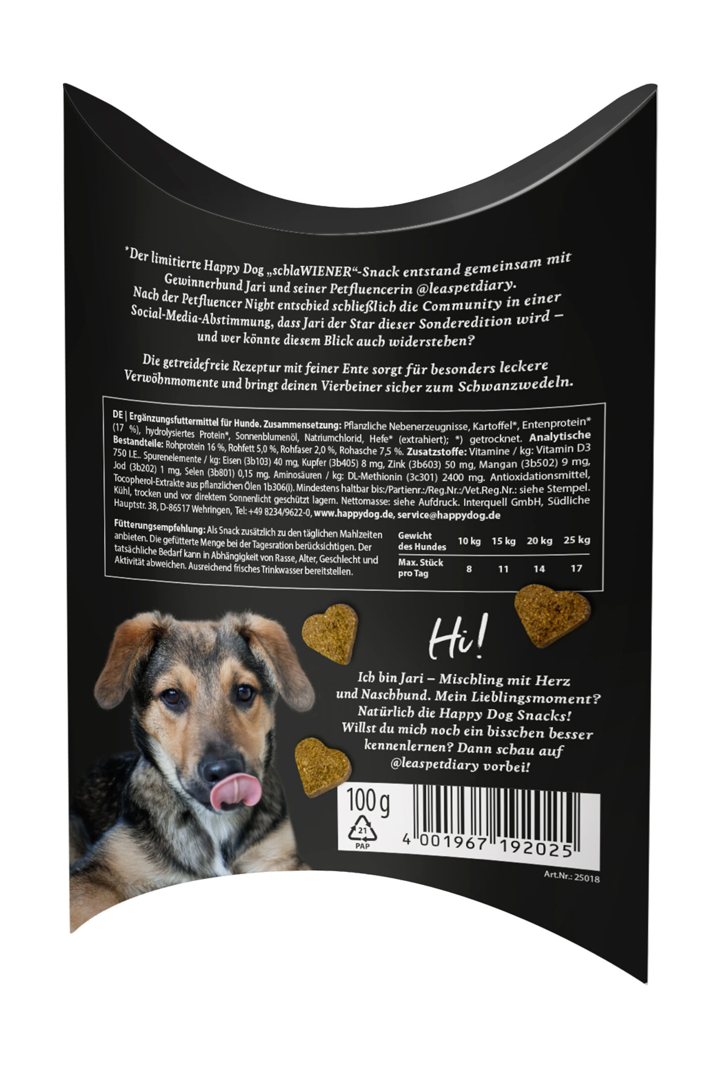 Rückseite der Verpackung des SchlaWIENER Soft Snack von Happy Dog