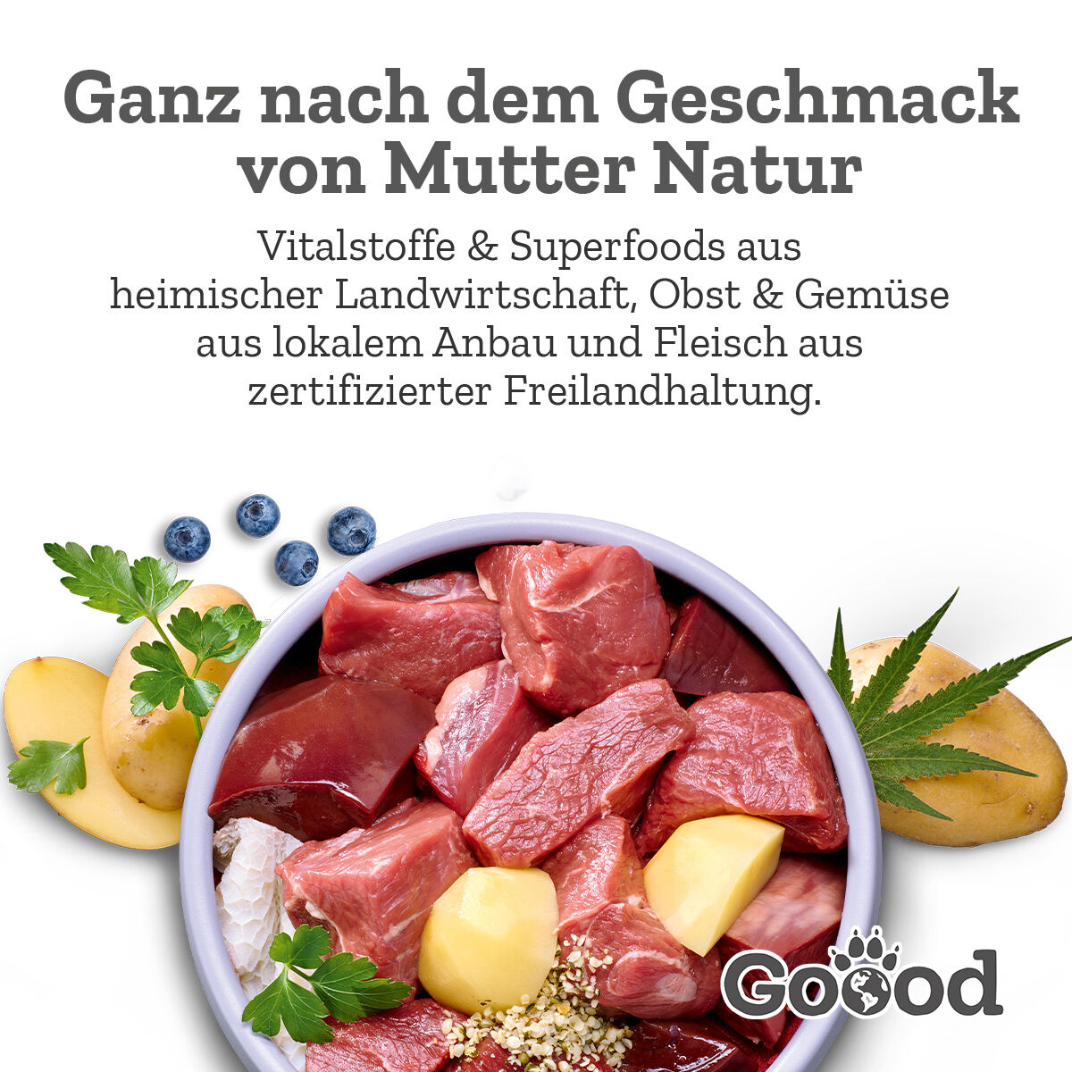 Schale mit rohem Fleisch, Kartoffeln und Kräutern, umgeben von Blaubeeren und Kartoffeln. Text: "Ganz nach dem Geschmack von Mutter Natur. Vitalstoffe & Superfoods aus heimischer Landwirtschaft. Goood."