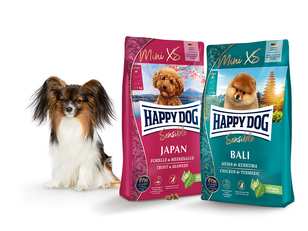Ein sitzender Papillon-Hund neben zwei Happy Dog Sensible Mini XS Hundefutterpackungen, Sorte Japan (Forelle & Meeresalge) und Bali (Huhn & Kurkuma), mit Landschaftsbildern im Hintergrund.