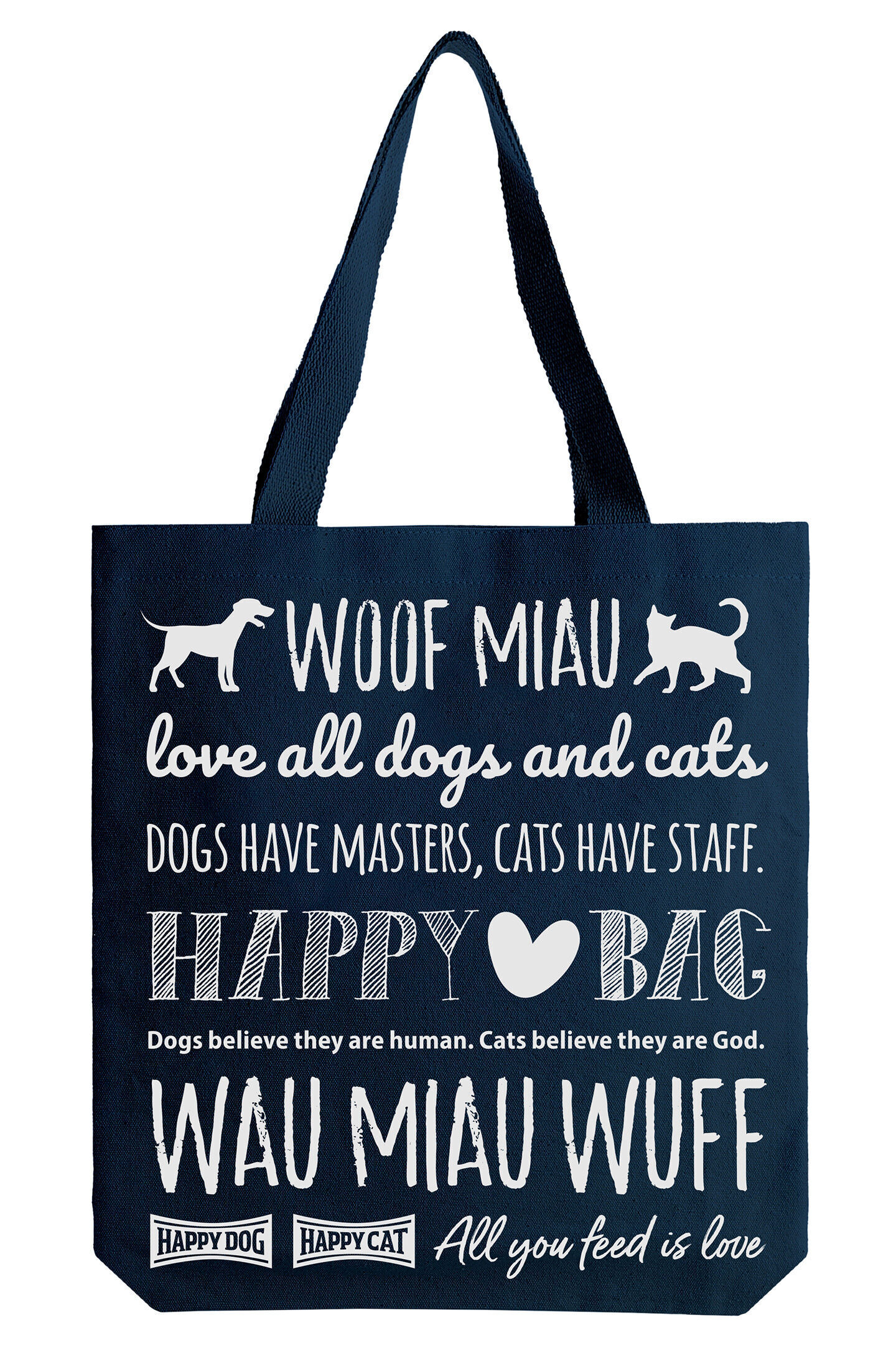 fairtrade Baumwolltasche Tasche mit Tiermotiven und Text: "Woof Miau, love all dogs and cats, Dogs have masters, cats have staff. Happy Bag, Wau Miau Wuff." Marken: Happydog, Happycat.