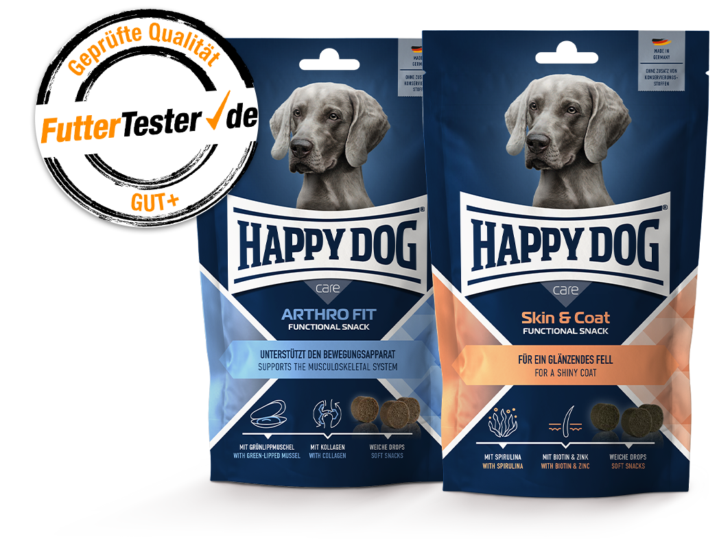 Darstellung der Happy Dog Snacks, welche von FutterTester mit der Note Gut bewertet wurden.
