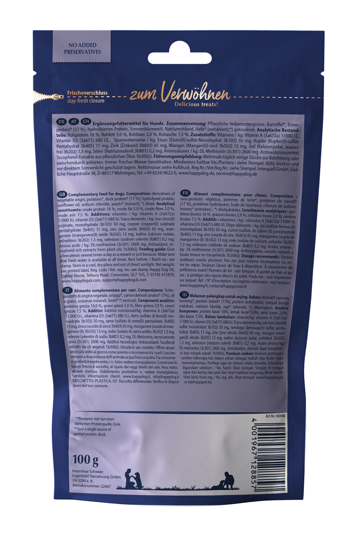 Verpackung fรผr Hundeleckerlis, Marke Happydog, zeigt mehrsprachige Produktinformationen zu Zusammensetzung, Fรผtterungsempfehlungen und Zusatzstoffen. Texte in Deutsch, Englisch, Franzรถsisch, Italienisch, Indonesisch. Ruhige Farbgestaltung.