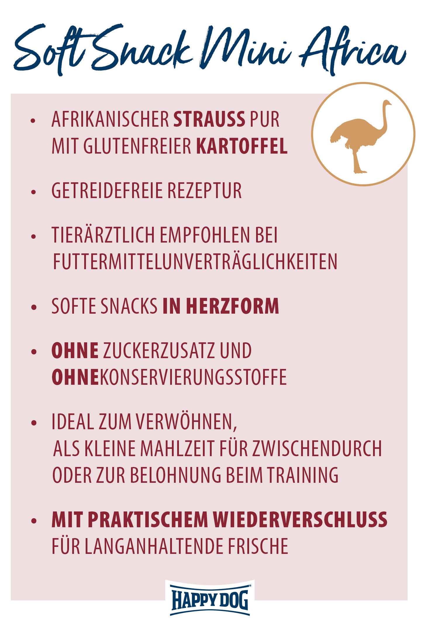 Verpackungstext für Happydog Soft Snack Mini Africa: Afrikanischer Strauß, getreidefreie Rezeptur, empfohlen bei Unverträglichkeiten, softe Herzform, ohne Zuckerzusatz/Konservierungsstoffe, ideal für Zwischendurch/Belohnung, praktischer Wiederverschluss.