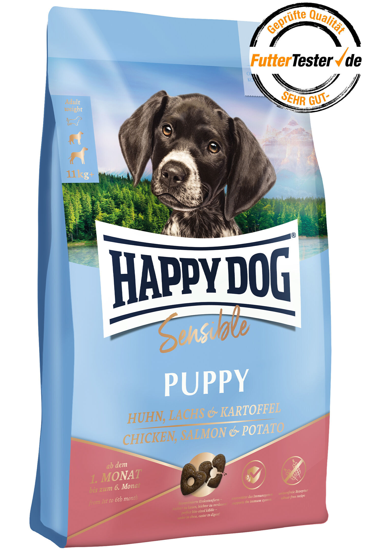 Hunde-Welpenfutter-Verpackung von Happy Dog, designiert "Sensible", mit dem Inhalt Huhn, Lachs und Kartoffel. Enthält Bild eines Welpen vor einer Wald- und Berglandschaft.