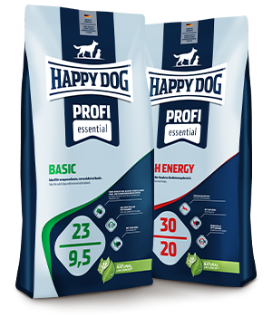 Produktverpackungen von Happy Dog Profi-Line in den Sorten Basic und High Energy.