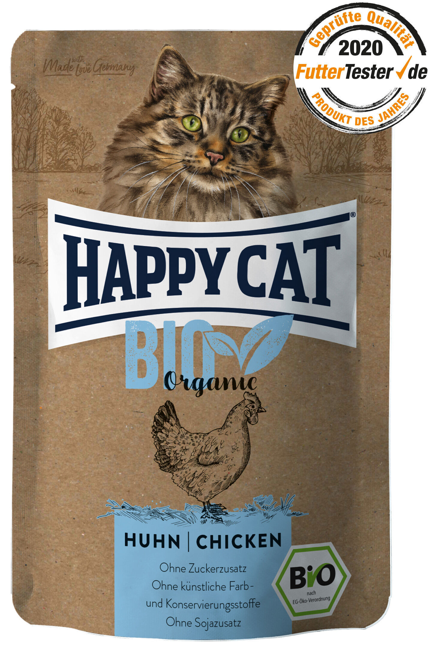 Poulet Bio Katzenfutterverpackung - zeigt eine Katze und illustriertes Huhn, Text: "HAPPY CAT BIO Organic Huhn, ohne Zuckerzusatz, ohne künstliche Farb- und Konservierungsstoffe, ohne Sojazusatz."