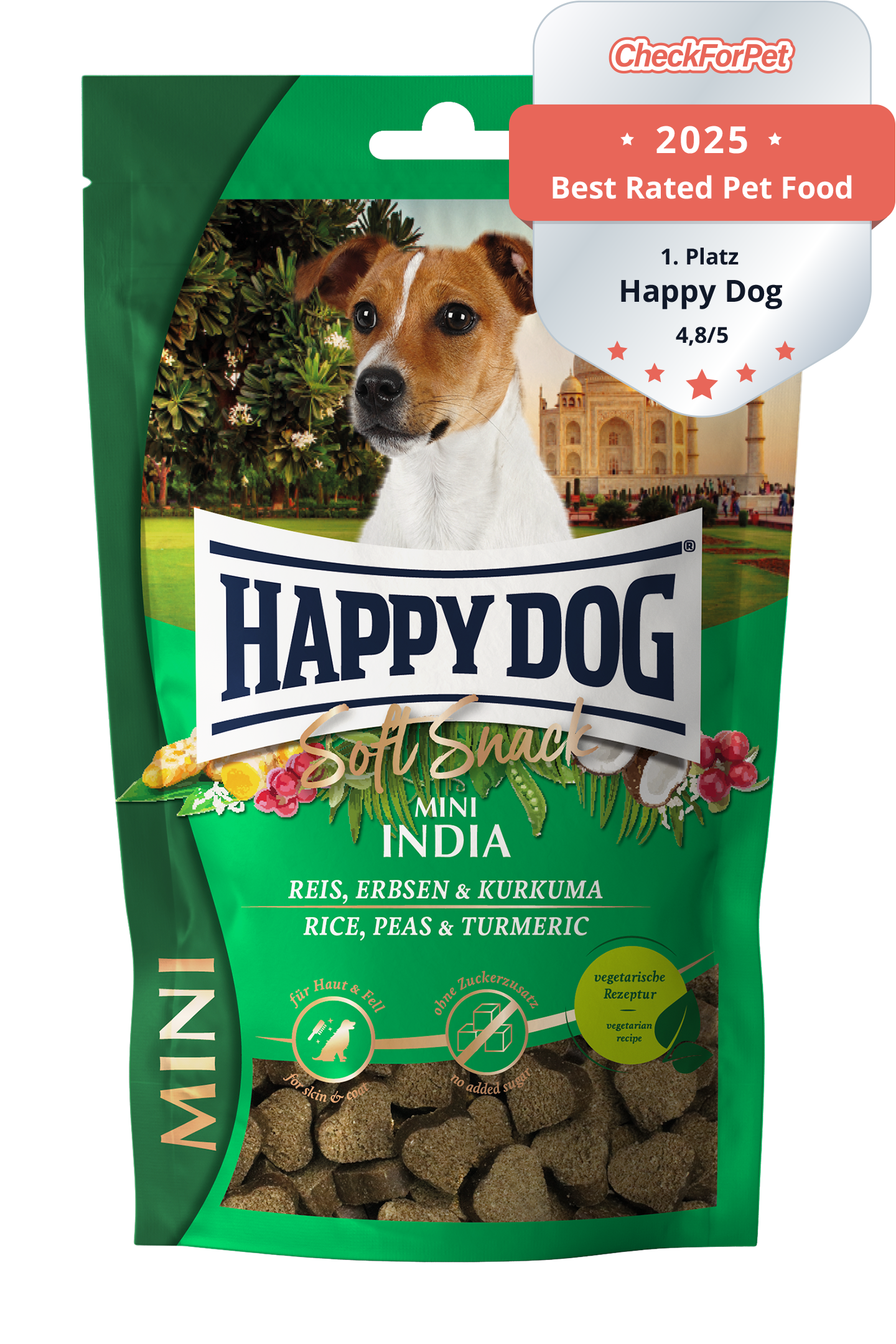 Verpackung mit Hundebild, Happy Dog Logo, Text: "Soft Snack Mini India, Reis, Erbsen & Kurkuma, für Haut & Fell, ohne Zuckerzusatz, vegetarische Rezeptur, Made in Germany."
