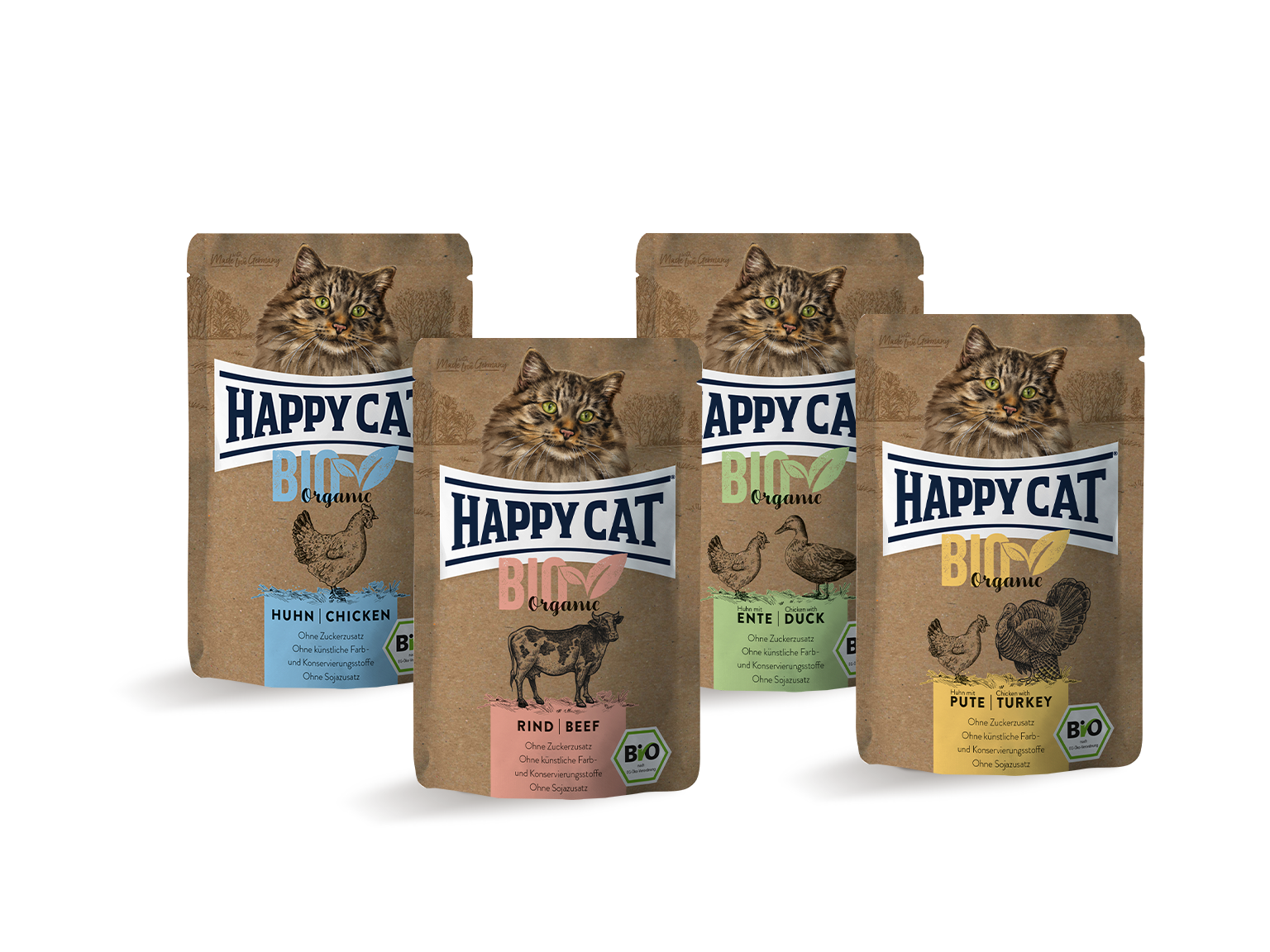 Vier verschiedene Packungen des Bio-Nassfutters von Happy Cat