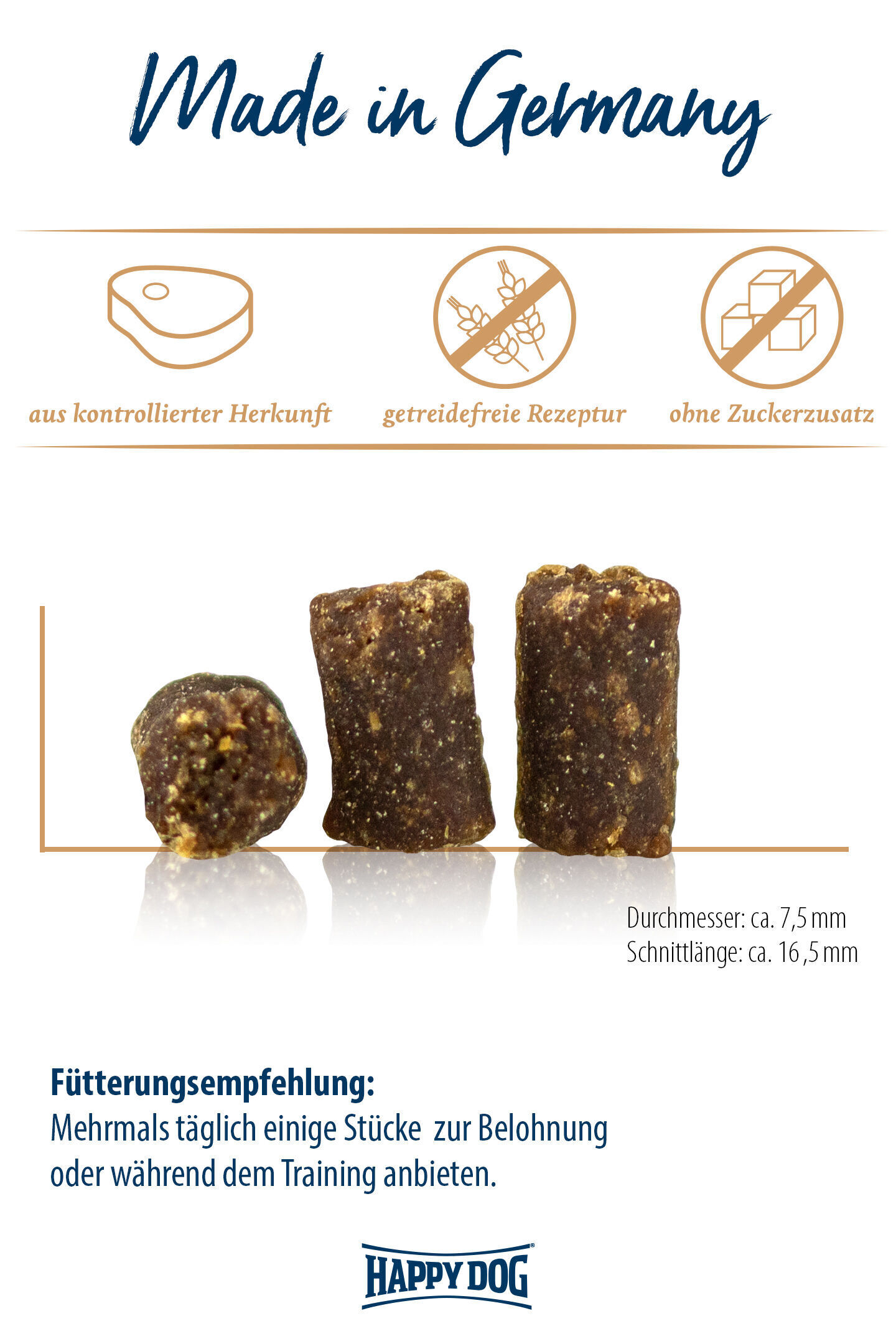 Drei dunkle Leckerlis; Text: "Made in Germany", "aus kontrollierter Herkunft", "getreidefreie Rezeptur", "ohne Zuckerzusatz"; Fütterungsempfehlung: Mehrmals täglich einige Stücke anbieten. Marke: Happy Dog.