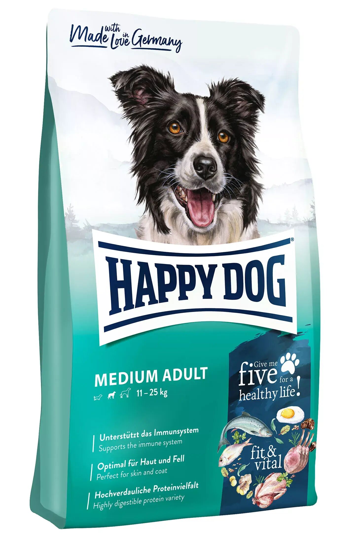 Produktverpackung von Happy Dog fit&vital in der Sorte Medium Adult.