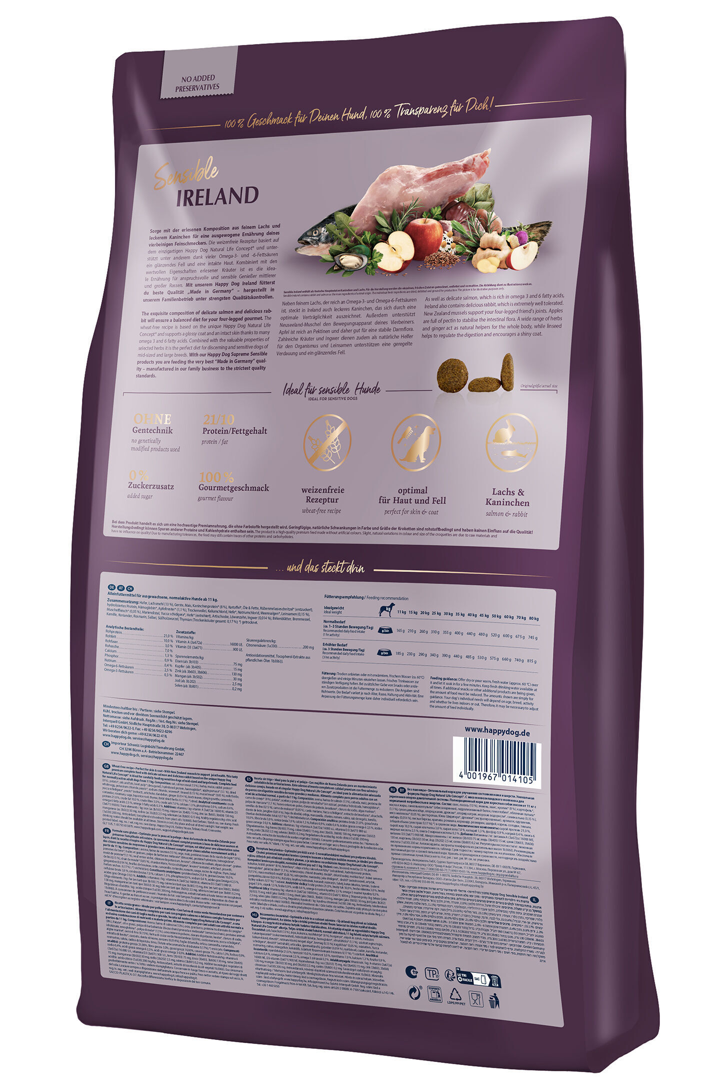 Eine lila Verpackung von Happydog Hundefutter "Sensible Ireland" zeigt Zutaten wie Lachs und Kaninchen; Text beschreibt Vorteile, Protein/Fettgehalt und Fรผtterungsempfehlungen.