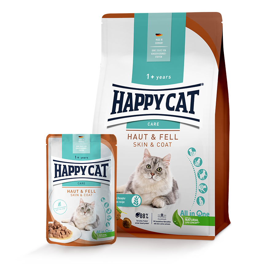 Happy Cat Haut & Fell Trockenfutterpackung und Nassfutterbeutel