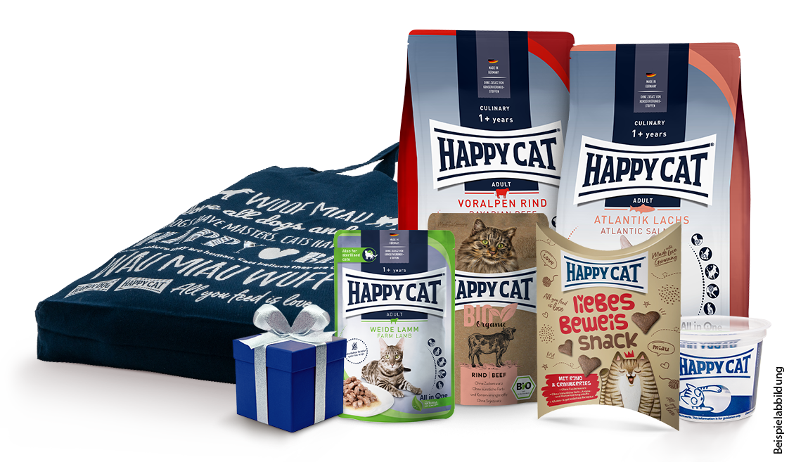 Beispielabbildung eines Happy Cat Probierpaketes mit Stofftasche, Trockenfutter, Nassfutter und Snacks