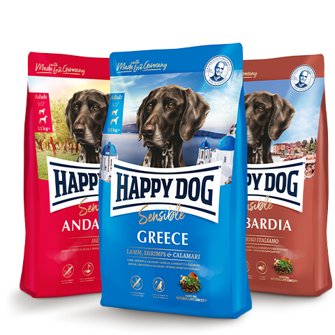 Produktverpackungen von Happy Dog Sensible in den Sorten Andalucia, Greece und Lombardia.