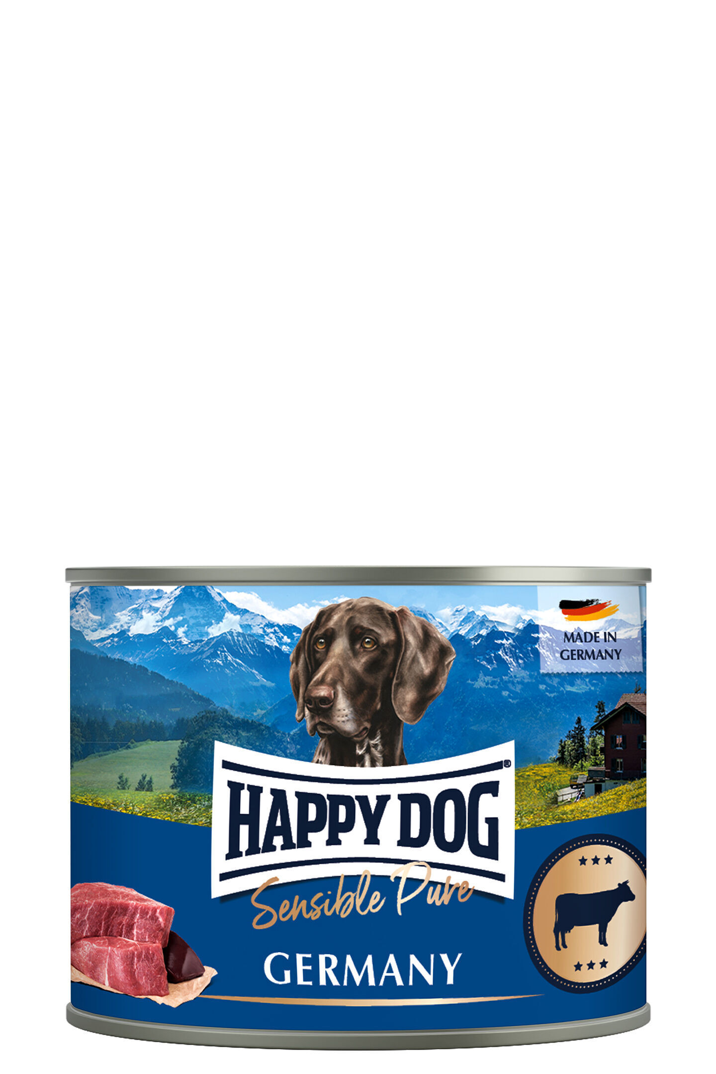 Dose mit Happy Dog-Logo, zeigt Hund vor Berglandschaft. Text: "Sensible Pure, Germany, Made in Germany." Rindfleischabbildung unten links.