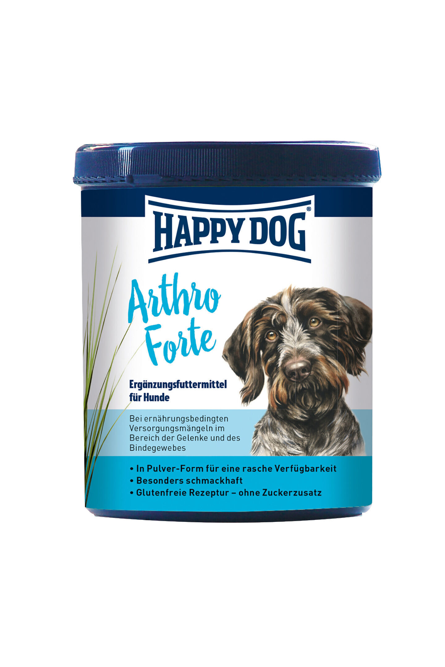 Arthro Forte Dose mit Hundermotiv hält ein Nahrungsergänzungsmittel für Hunde. Text: "HAPPY DOG Arthro Forte. Bei ernährungsbedingten Versorgungsmängeln im Bereich der Gelenke und des Bindegewebes." Pulverform, glutenfrei, ohne Zucker.