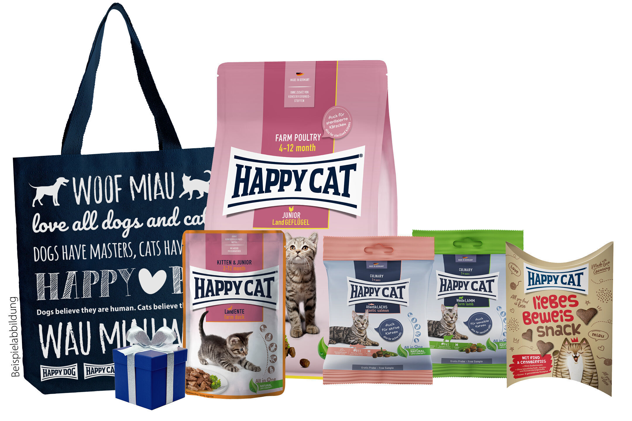 Probiertasche Kitten/Junior Taschen bedruckt mit Hunde- und Katzensilhouetten, daneben Happy Cat Katzenfutterprodukte in unterschiedlichen Verpackungen; bunte Beutel mit Katzenmotiv, rosa Trockenfutterpackung und Snackbeutel. Text: "WOOF MIAU, love all dogs and cats."