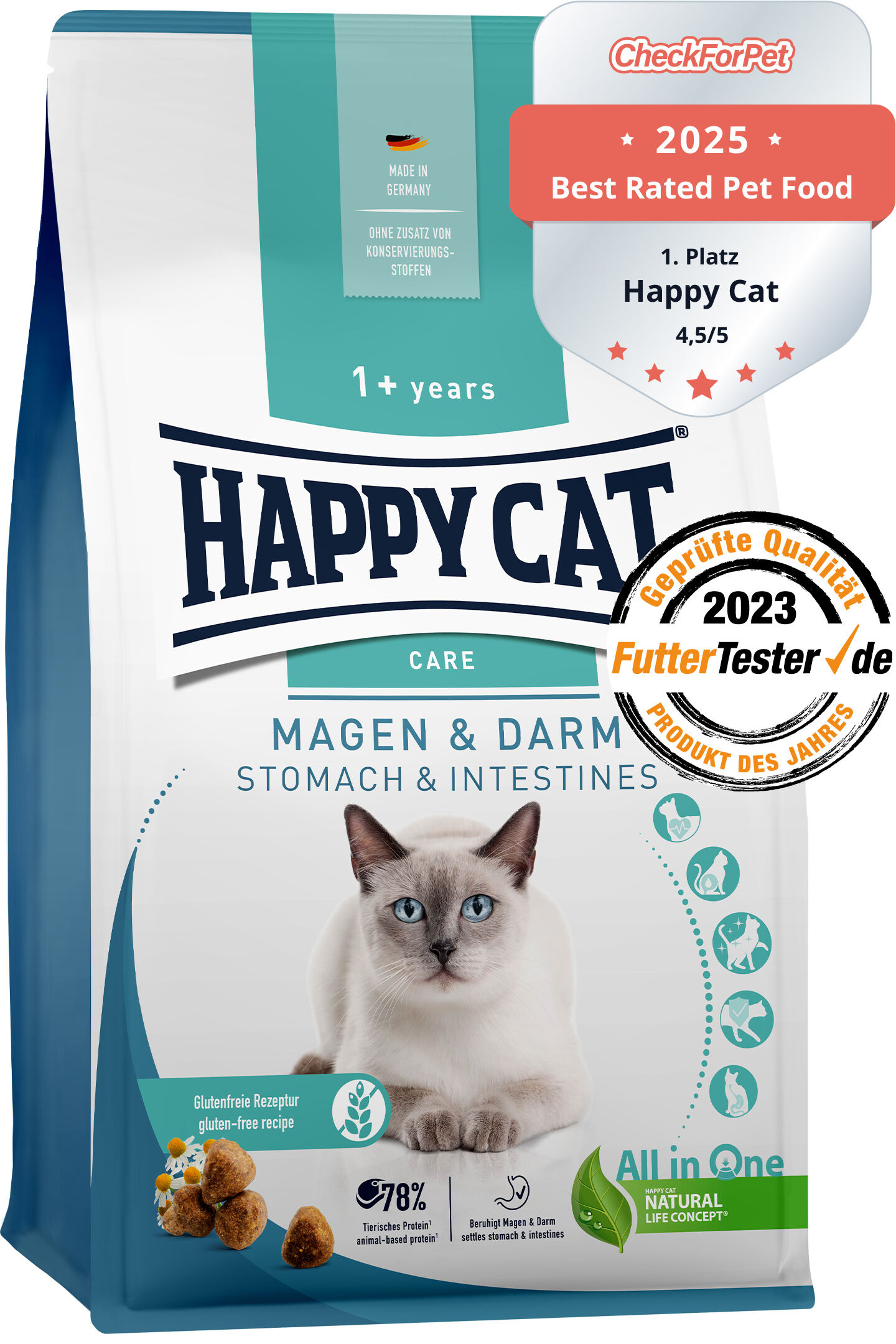 Eine Verpackung für Katzenfutter der Marke Happy Cat zeigt eine Katze, mit Texten "Magen & Darm", "glutenfreie Rezeptur" und "Made in Germany". Zertifikate loben Produktqualität.