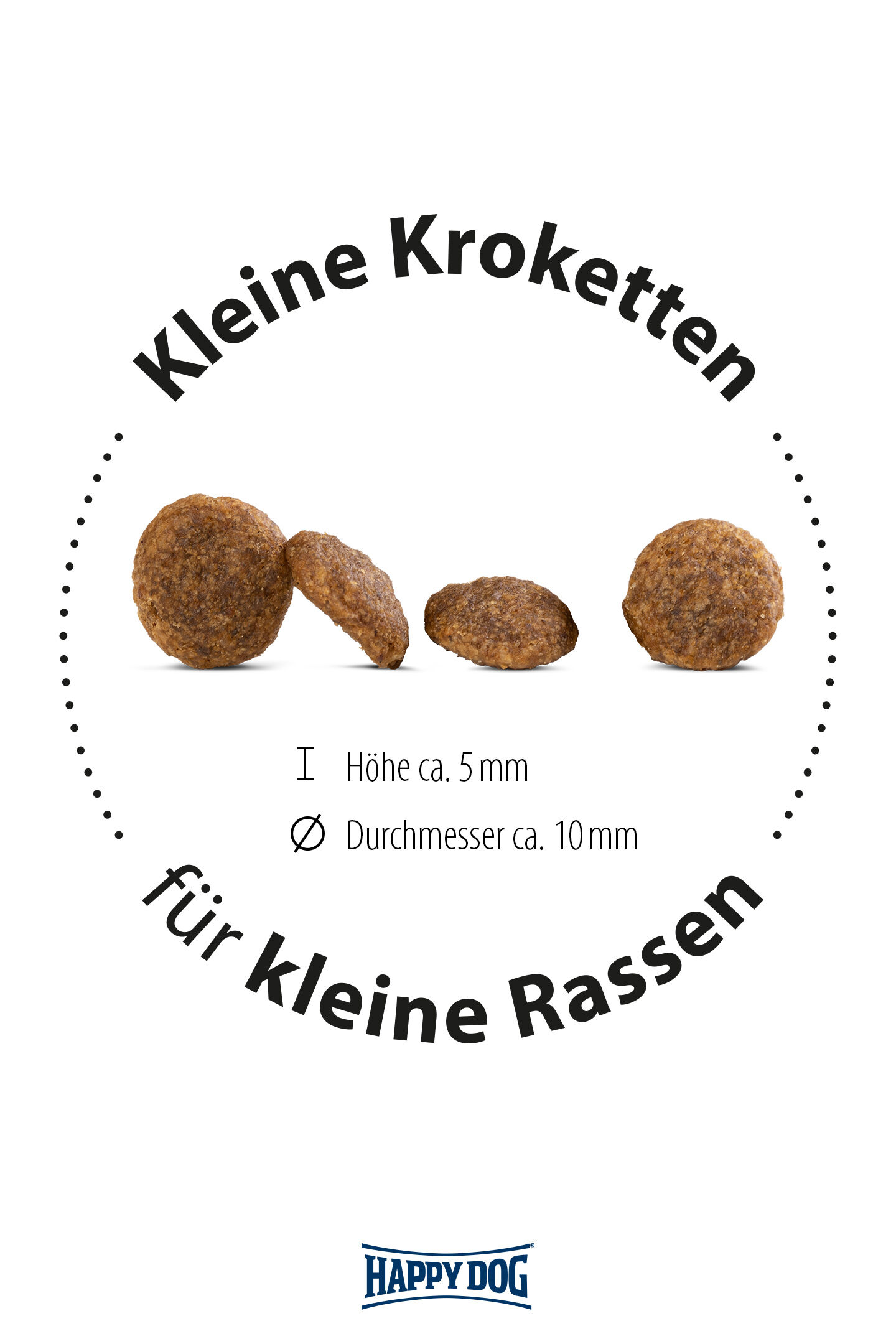 Drei kleine Kroketten von Happy Dog für Hunde kleiner Rassen; Durchmesser ca. 10 mm, Höhe ca. 5 mm. Text: "Kleine Kroketten für kleine Rassen".