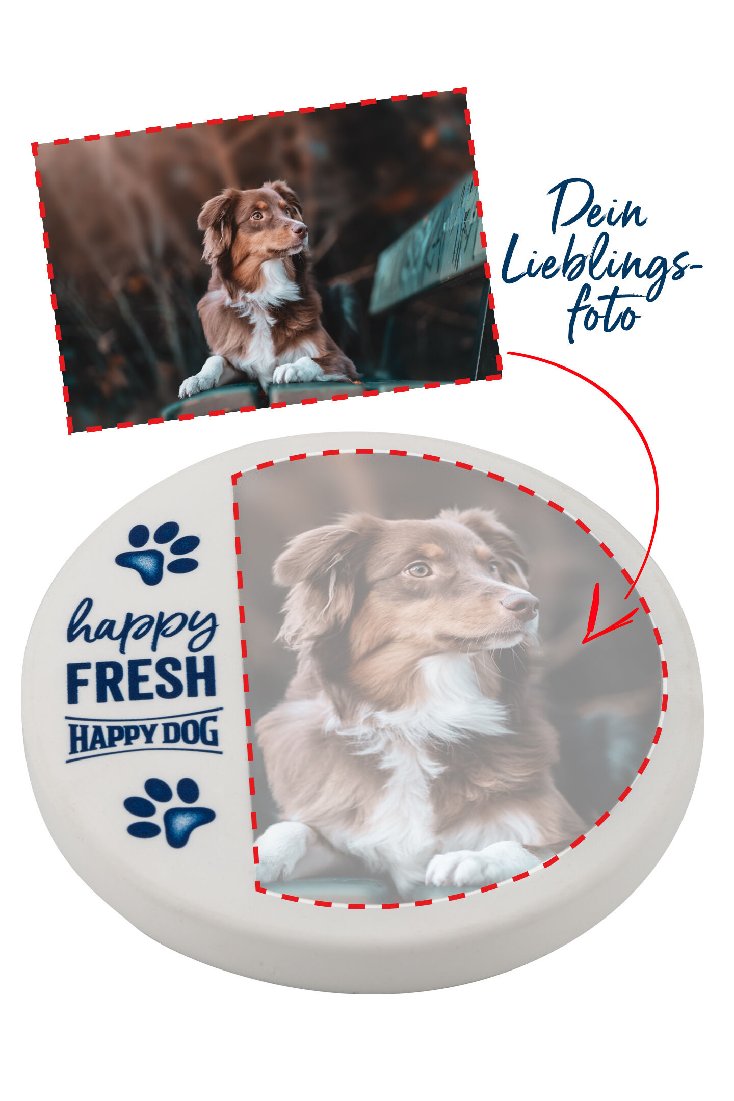 Personalisierter Dosendeckel Rundes Objekt mit personalisiertem Hundebild. Links steht „happy FRESH HAPPY DOG“ in blau mit Pfotenabdrücken. Ein Foto wird auf der Oberfläche angezeigt.