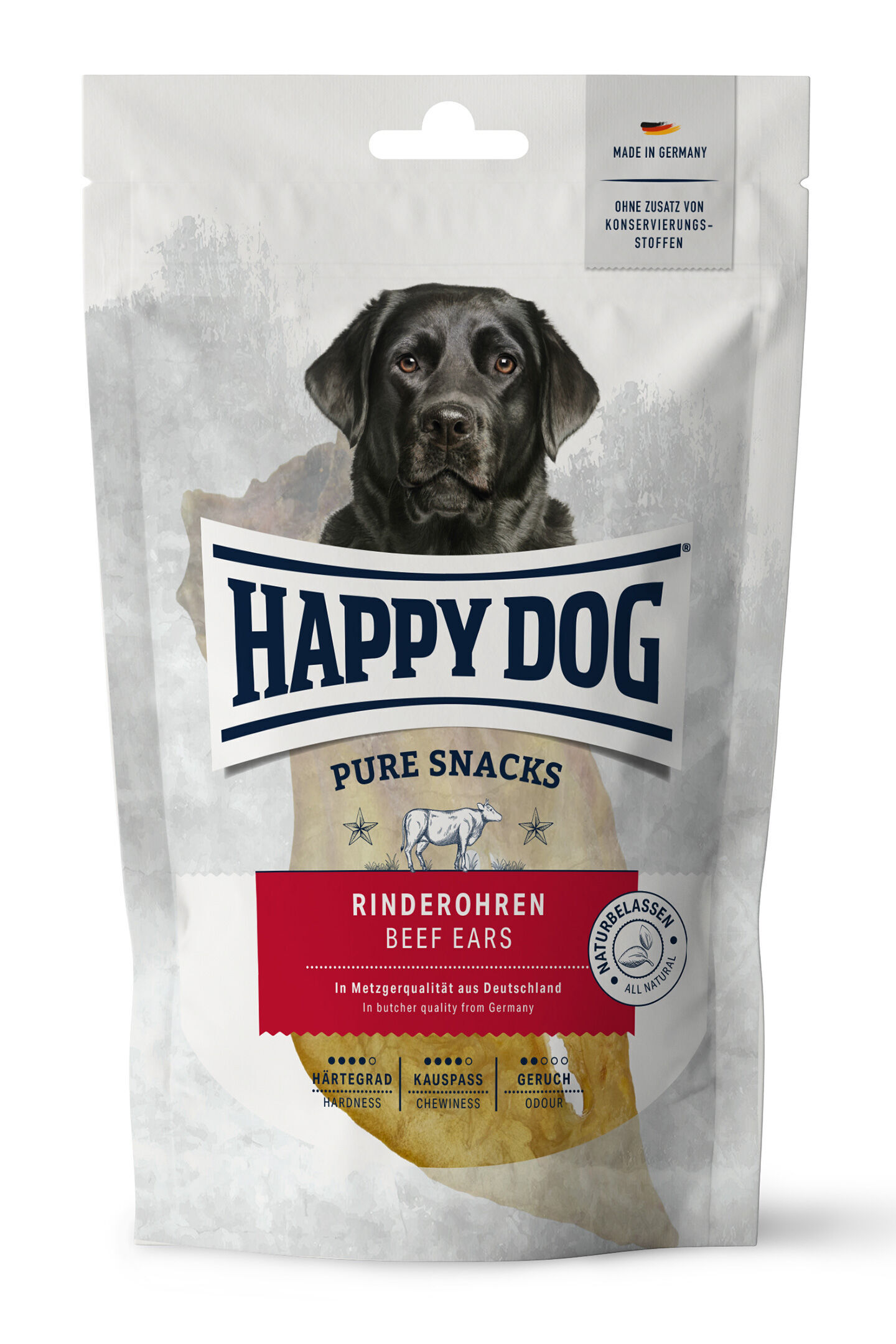 Verpackung von Happydog Pure Snacks, Rinderohren, mit Bild eines schwarzen Hundes. Text: "Made in Germany", "Ohne Zusatz von Konservierungsstoffen", "In Metzgerqualität aus Deutschland".