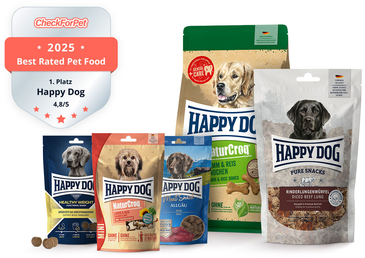 Verschiedene Snackpackungen mit Best Rated Pet Food Siegel