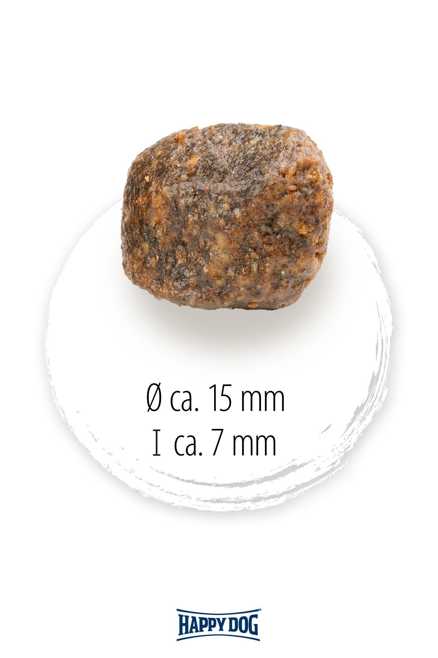 Hundeleckerli in Ovalform, Detailansicht. Passend für Happy Dog. Durchmesser ca. 15 mm, Länge ca. 7 mm. Text: „Ø ca. 15 mm, I ca. 7 mm“. Happy Dog-Logo unten.