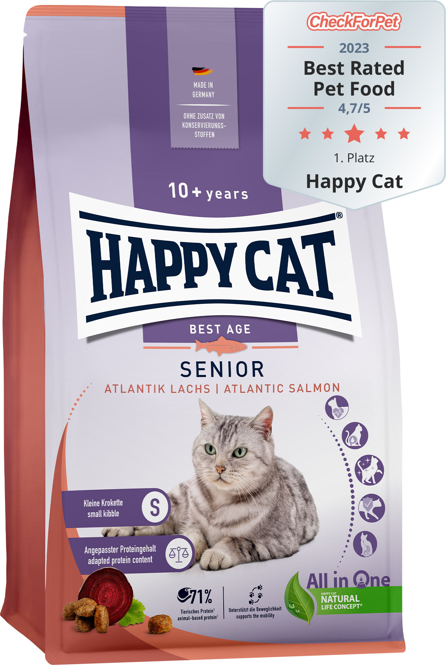 Katzenfutterverpackung von Happy Cat, auf der eine Katze abgebildet ist. Text: "BEST AGE SENIOR, ATLANTIK LACHS, 10+ years, Made in Germany, Keine Konservierungsstoffe, Best Rated Pet Food 2023, 4,7/5, CheckForPet".