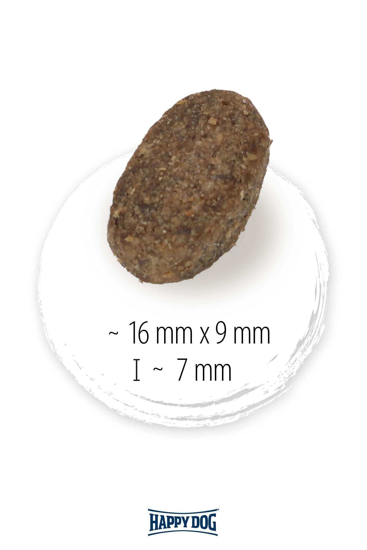 Ein ovales Hundefutterstück von Happydog, etwa 16 mm x 9 mm groß und 7 mm hoch, liegt auf weißem Hintergrund.