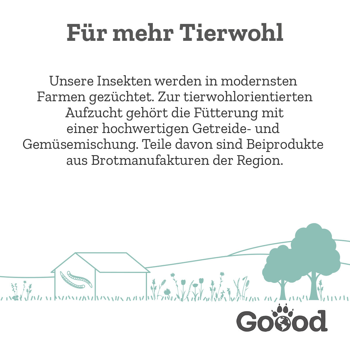 Text: „Für mehr Tierwohl. Unsere Insekten werden in modernsten Farmen gezüchtet, gefüttert mit hochwertiger Getreide- und Gemüsemischung, teils aus regionalen Brotmanufakturen.“ Grafik: Haus und Bäume in ländlicher Umgebung. Logo Goood unten rechts.