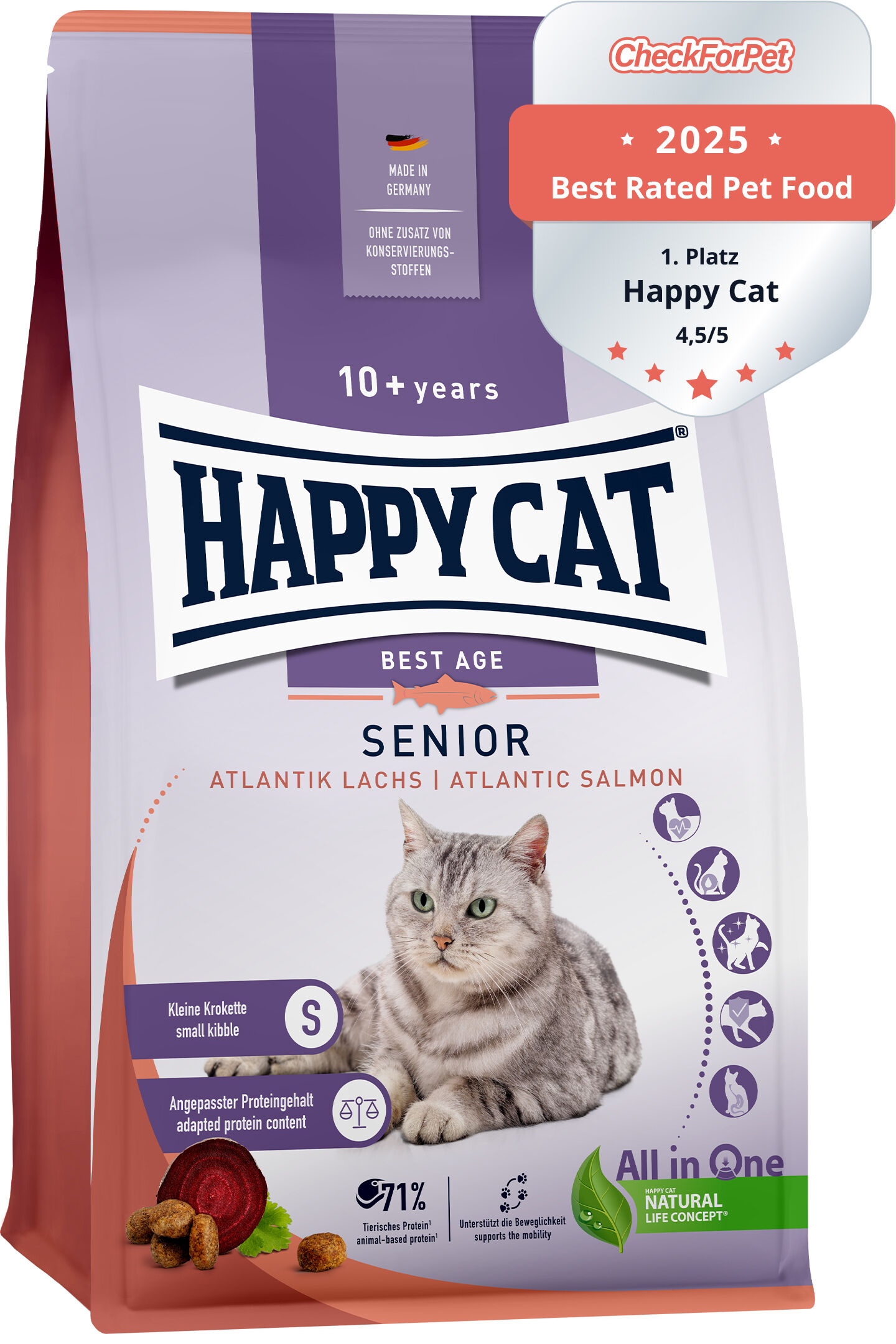 Katzenfutterverpackung von Happy Cat, auf der eine Katze abgebildet ist. Text: "BEST AGE SENIOR, ATLANTIK LACHS, 10+ years, Made in Germany, Keine Konservierungsstoffe, Best Rated Pet Food 2023, 4,7/5, CheckForPet".