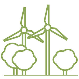 Icon von Windrädern neben Bäumen stehend.