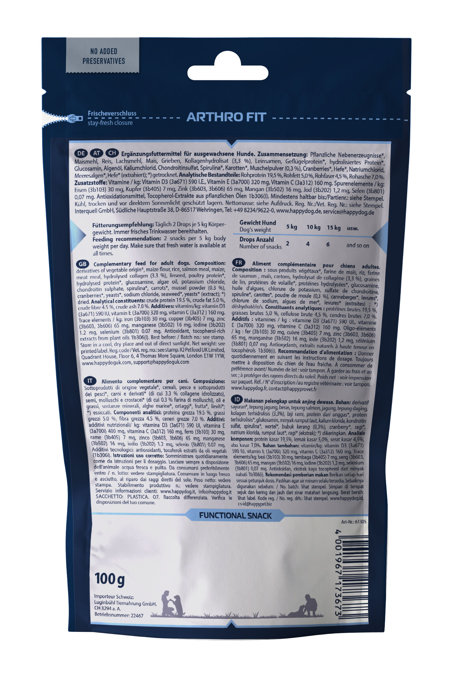 Packung fรผr Hunde-Ergรคnzungsfuttermittel "ARTHRO FIT" von Happydog mit detaillierter Zusammensetzung und Fรผtterungsempfehlung. Verpackung bietet Frischhalteverschluss. Nettogewicht: 100g.