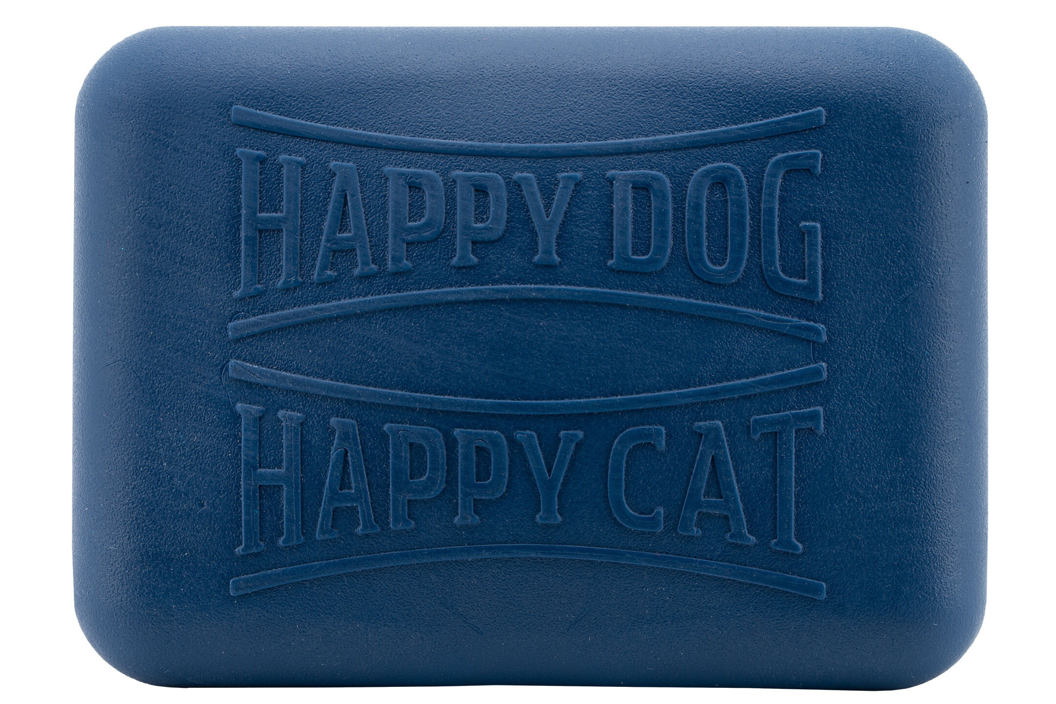 Blaues rechteckiges Objekt mit der Prägung "HAPPY DOG HAPPY CAT", möglicherweise eine Verpackung oder ein Behälterdeckel.