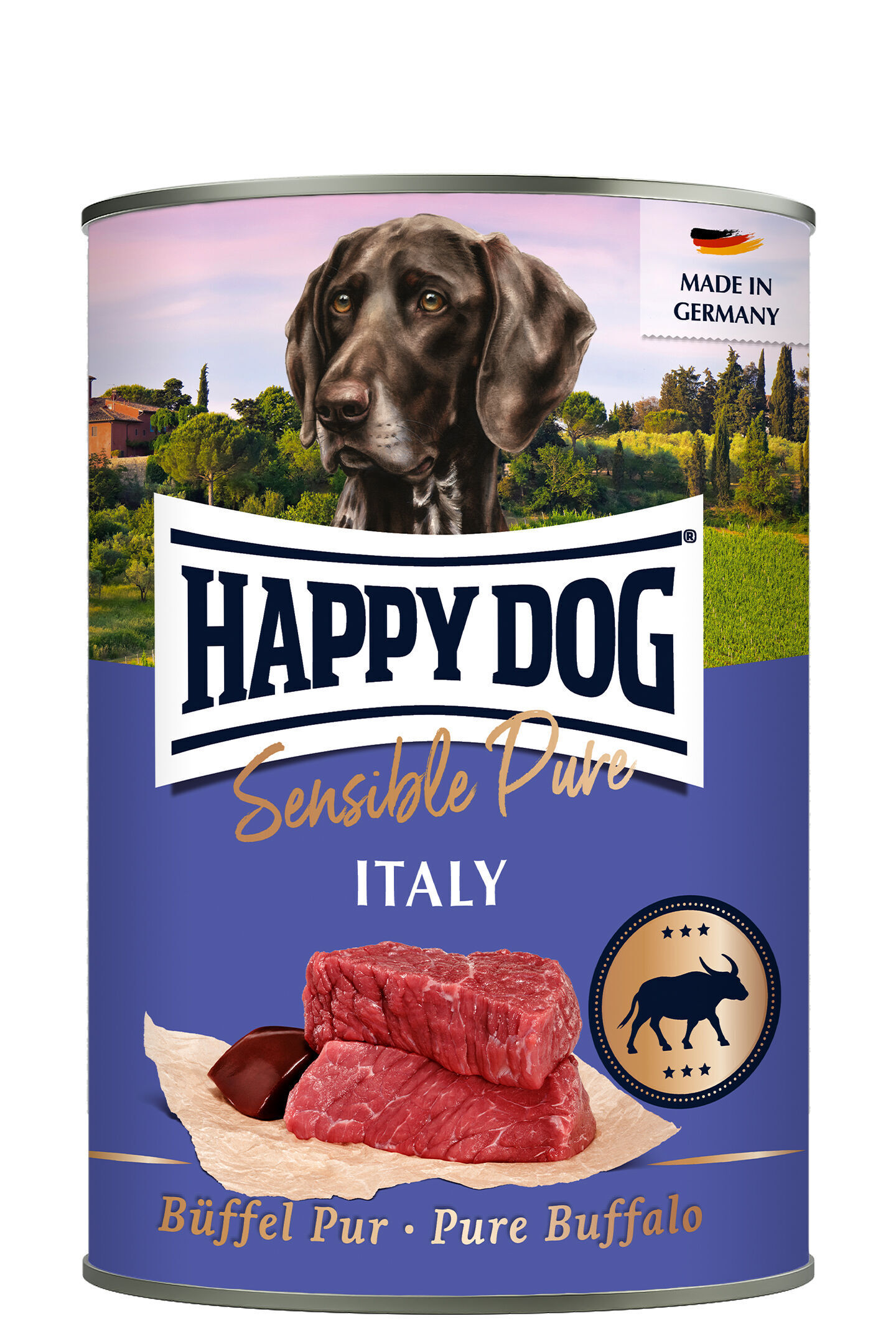 Hundefutterdose mit Hundebild und Fleischabbildung; Text: „HAPPY DOG Sensible Pure Italy“, „BUFFEL PUR • PURE BUFFALO“, „MADE IN GERMANY“.