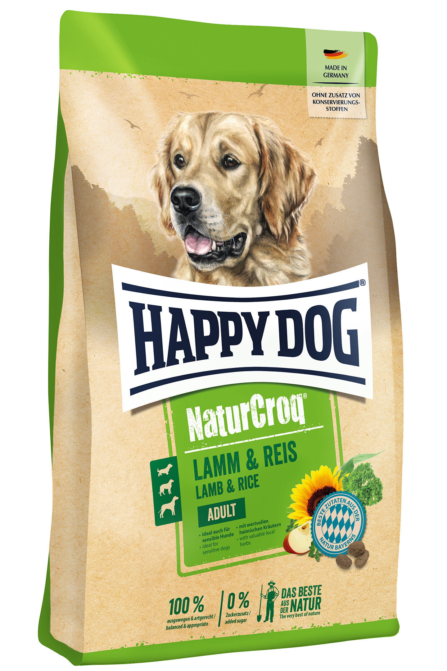 Verpackung von Happydog NaturCroq Hundefutter, Variante Lamm & Reis. Vorderseite zeigt Hund und Text: „Ideal auch für sensible Hunde, mit wertvollen heimischen Kräutern.“